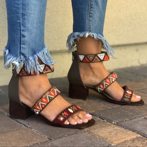 Hand Beaded Multicolor Boho Block Heel Sandal - Picture 3 of 7